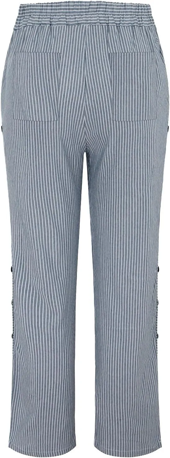 GIERIDUC Striped Linen Pants Women Cropped Side Button Trim Elastic Waist Capris Lightweight Summer Beach Trouser with Pocket