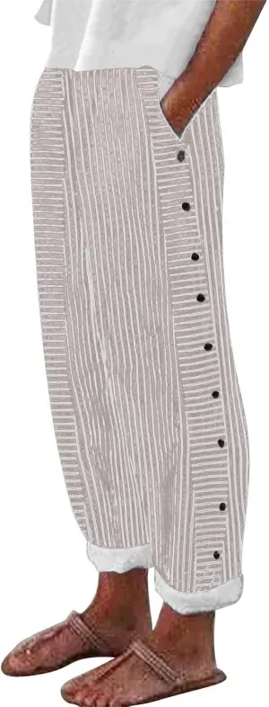 GIERIDUC Striped Linen Pants Women Cropped Side Button Trim Elastic Waist Capris Lightweight Summer Beach Trouser with Pocket