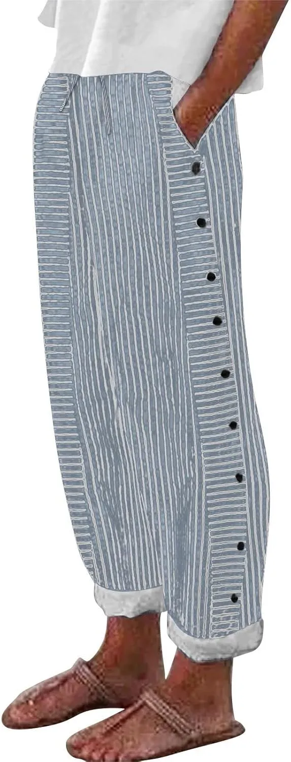 GIERIDUC Striped Linen Pants Women Cropped Side Button Trim Elastic Waist Capris Lightweight Summer Beach Trouser with Pocket