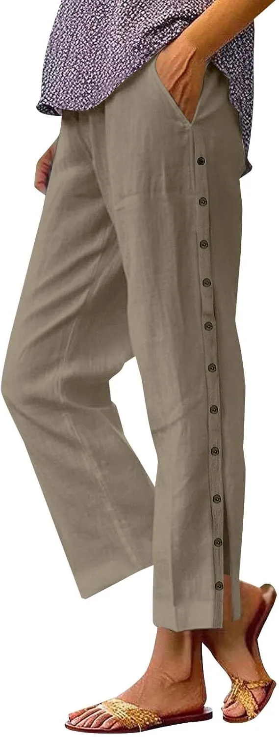 GIERIDUC Women Linen Pants Lightweight Capri Pants with Side Button Summer Casual Beach Drawstring Elastic Waist Trousers