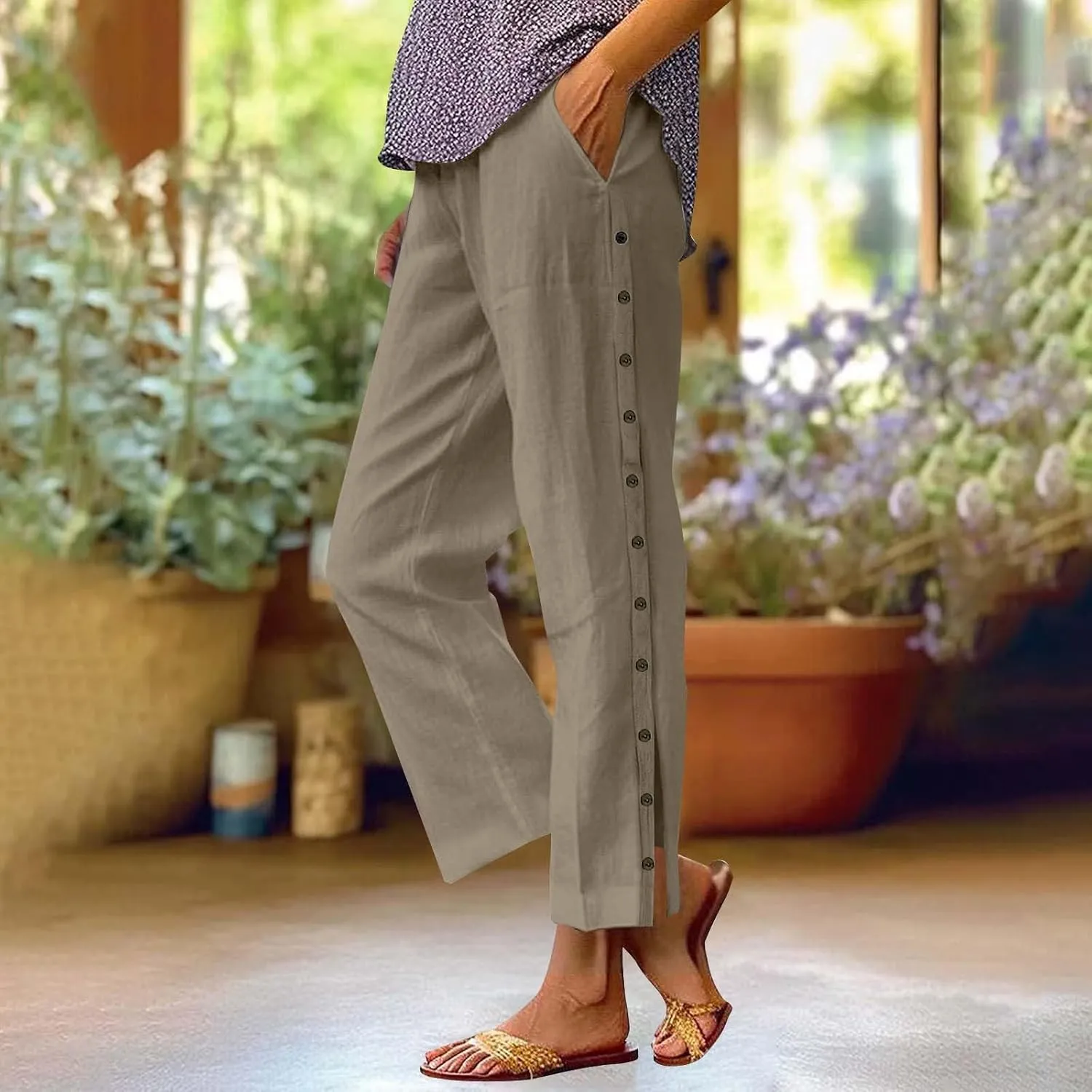 GIERIDUC Women Linen Pants Lightweight Capri Pants with Side Button Summer Casual Beach Drawstring Elastic Waist Trousers