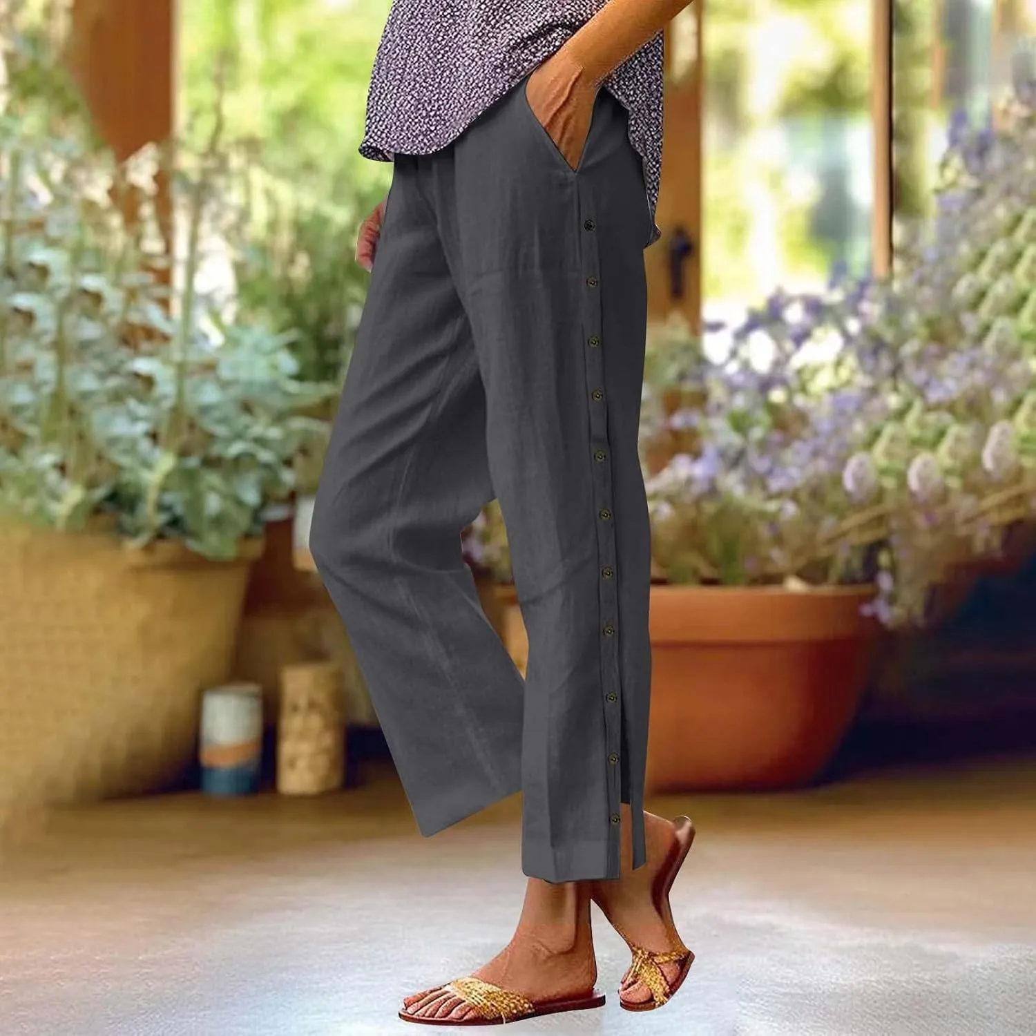GIERIDUC Women Linen Pants Lightweight Capri Pants with Side Button Summer Casual Beach Drawstring Elastic Waist Trousers