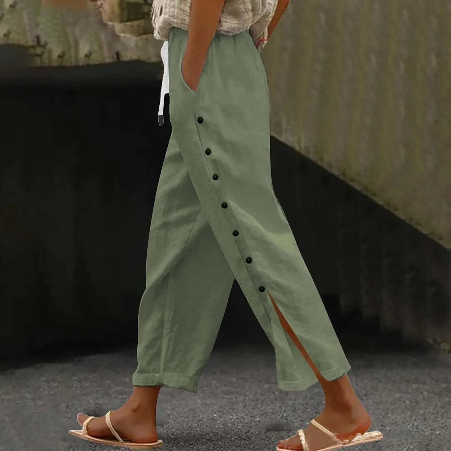 GIERIDUC Women Linen Pants Lightweight Capri Pants with Side Button Summer Casual Beach Drawstring Elastic Waist Trousers