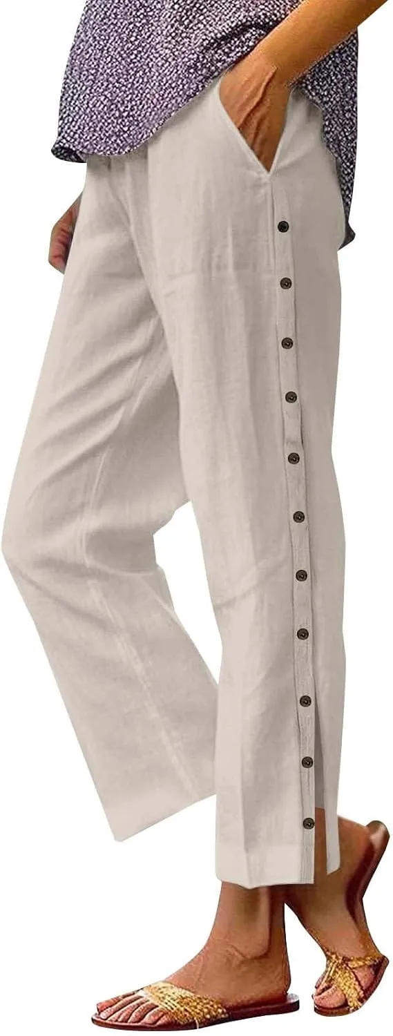 GIERIDUC Women Linen Pants Lightweight Capri Pants with Side Button Summer Casual Beach Drawstring Elastic Waist Trousers
