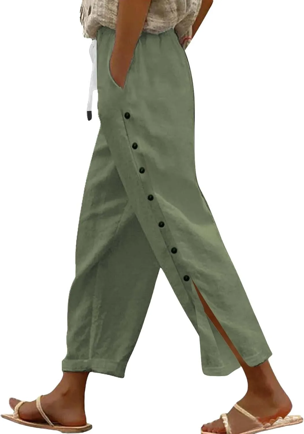 GIERIDUC Women Linen Pants Lightweight Capri Pants with Side Button Summer Casual Beach Drawstring Elastic Waist Trousers