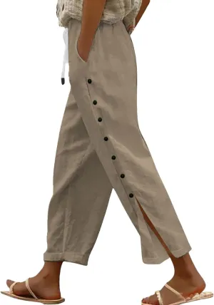 GIERIDUC Women Linen Pants Lightweight Capri Pants with Side Button Summer Casual Beach Drawstring Elastic Waist Trousers