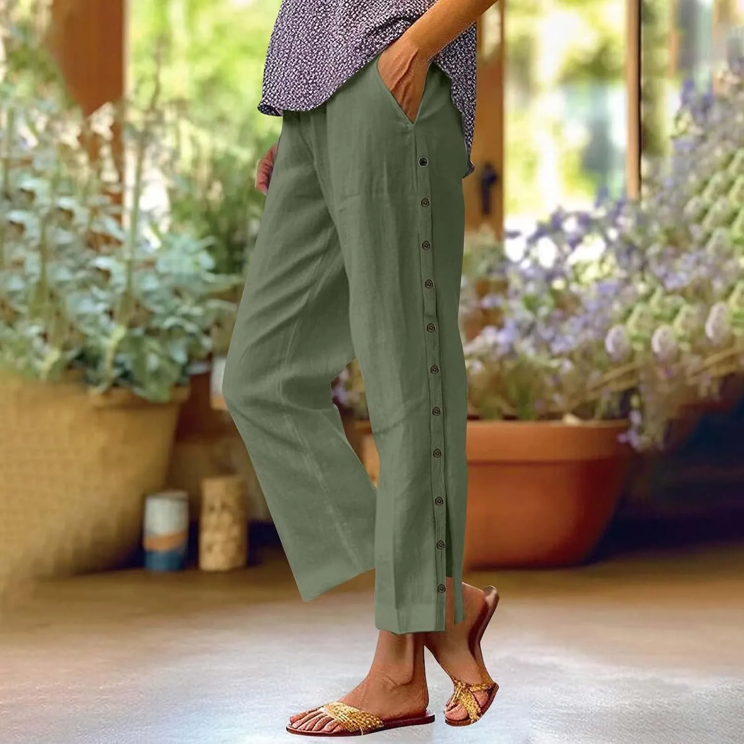 GIERIDUC Women Linen Pants Lightweight Capri Pants with Side Button Summer Casual Beach Drawstring Elastic Waist Trousers