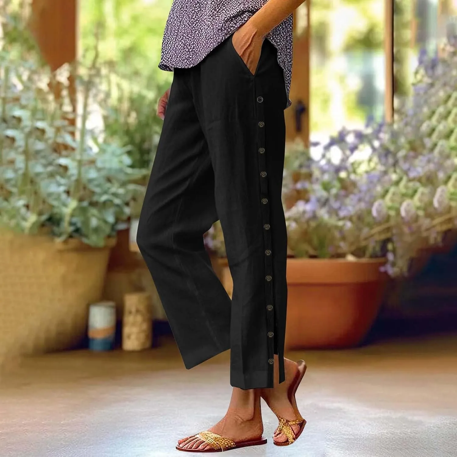 GIERIDUC Women Linen Pants Lightweight Capri Pants with Side Button Summer Casual Beach Drawstring Elastic Waist Trousers