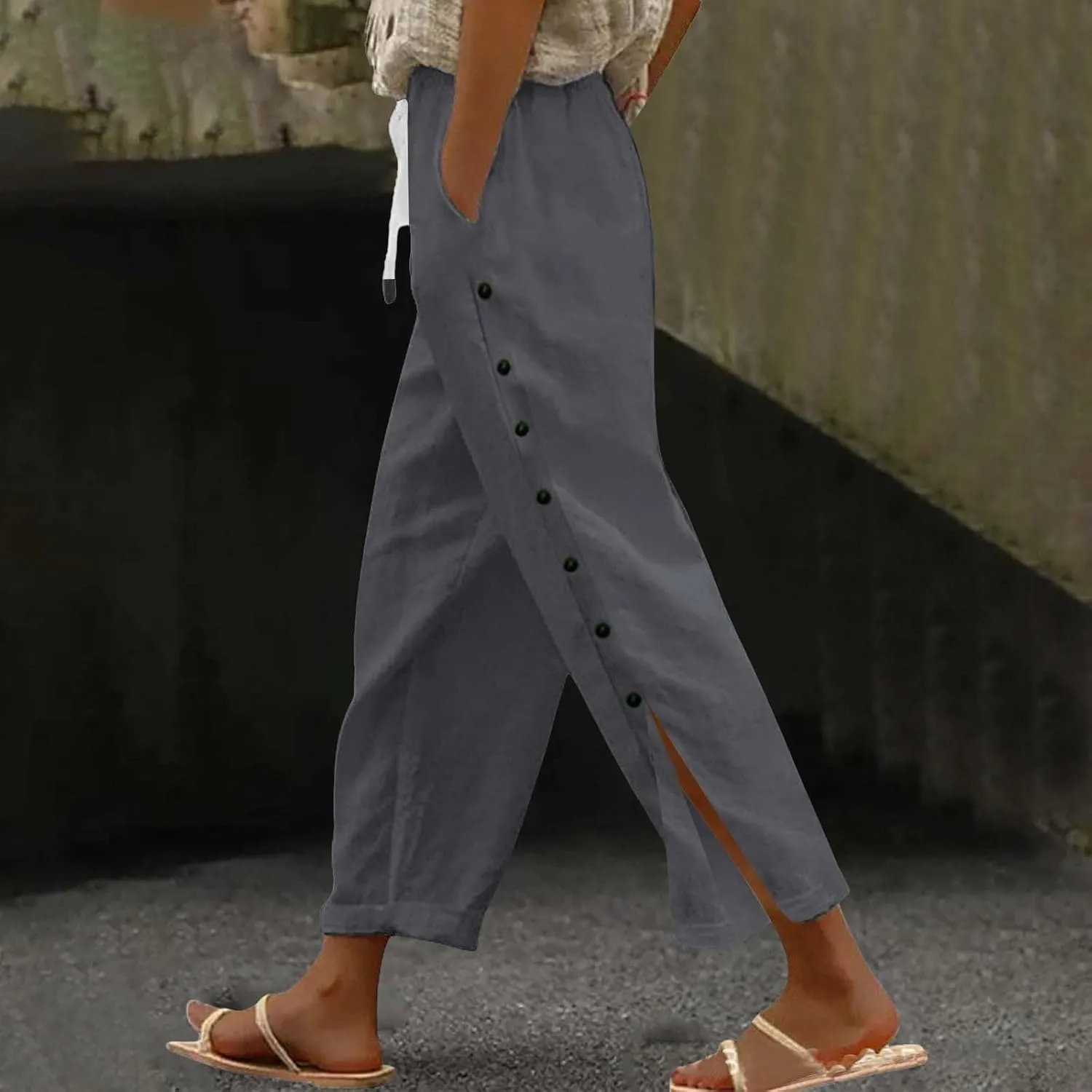 GIERIDUC Women Linen Pants Lightweight Capri Pants with Side Button Summer Casual Beach Drawstring Elastic Waist Trousers