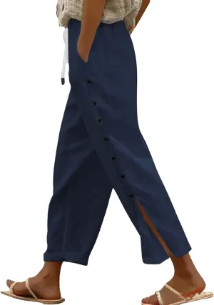 GIERIDUC Women Linen Pants Lightweight Capri Pants with Side Button Summer Casual Beach Drawstring Elastic Waist Trousers