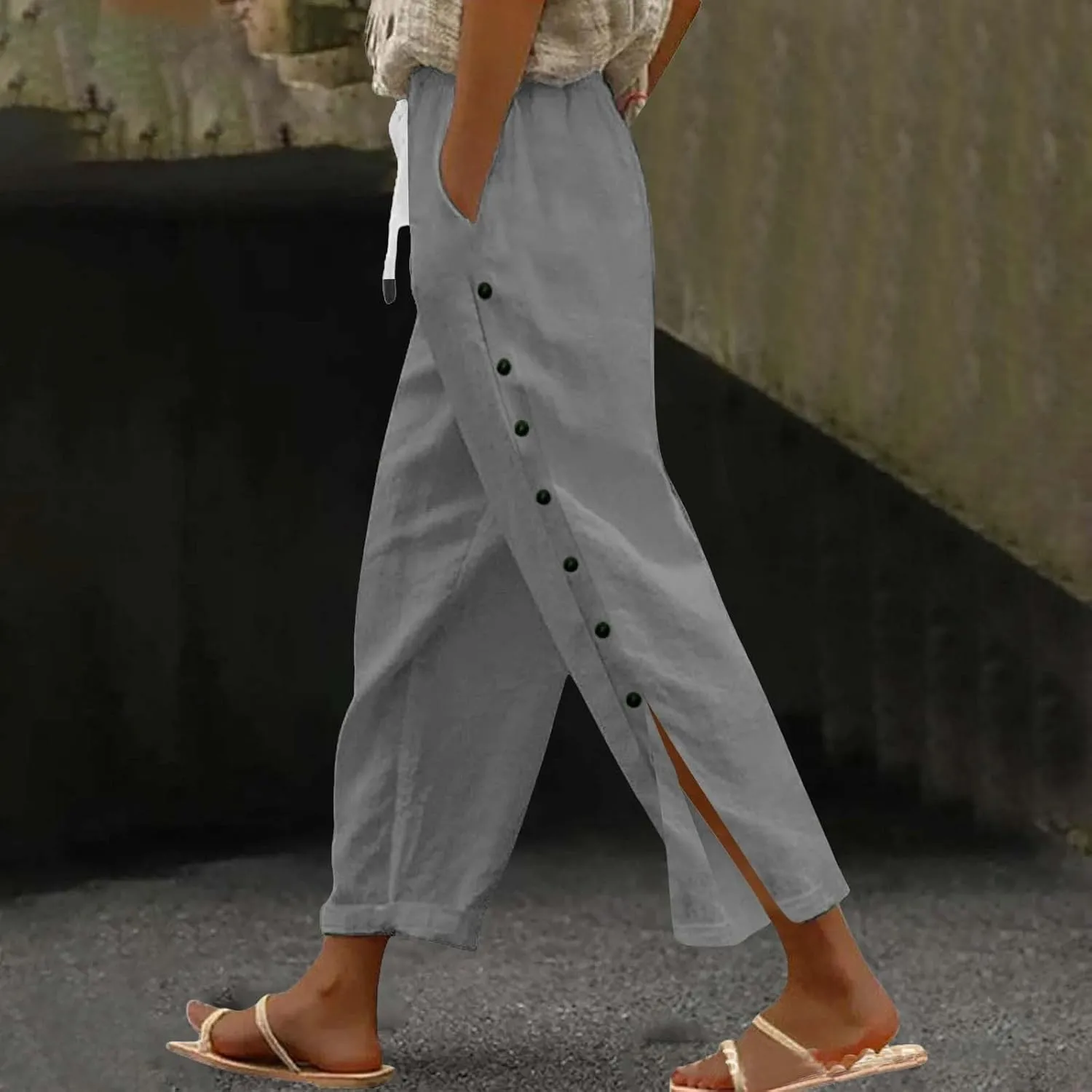 GIERIDUC Women Linen Pants Lightweight Capri Pants with Side Button Summer Casual Beach Drawstring Elastic Waist Trousers
