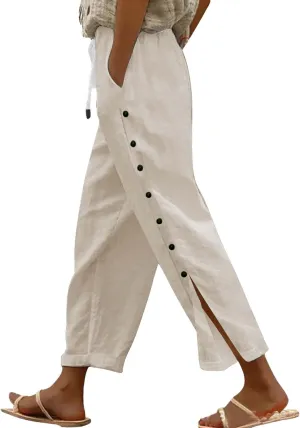 GIERIDUC Women Linen Pants Lightweight Capri Pants with Side Button Summer Casual Beach Drawstring Elastic Waist Trousers