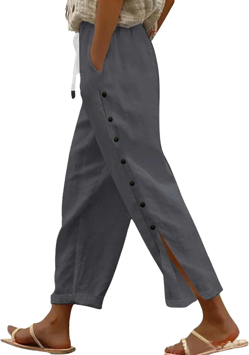 GIERIDUC Women Linen Pants Lightweight Capri Pants with Side Button Summer Casual Beach Drawstring Elastic Waist Trousers