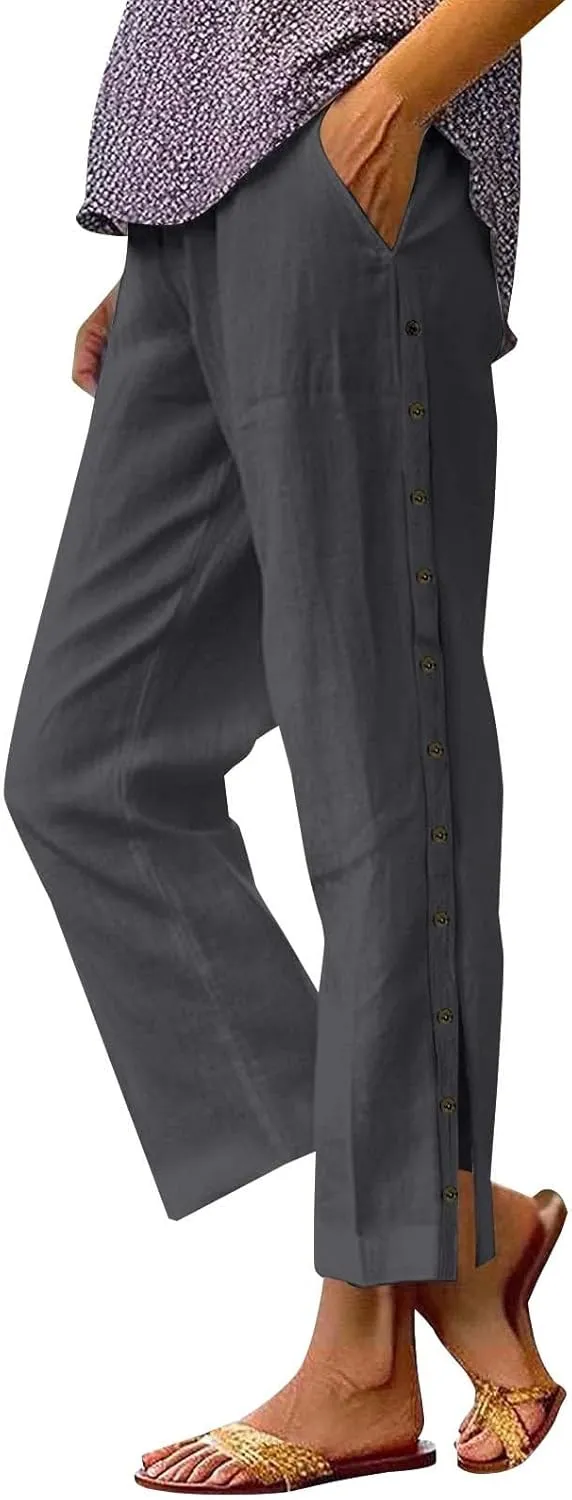 GIERIDUC Women Linen Pants Lightweight Capri Pants with Side Button Summer Casual Beach Drawstring Elastic Waist Trousers