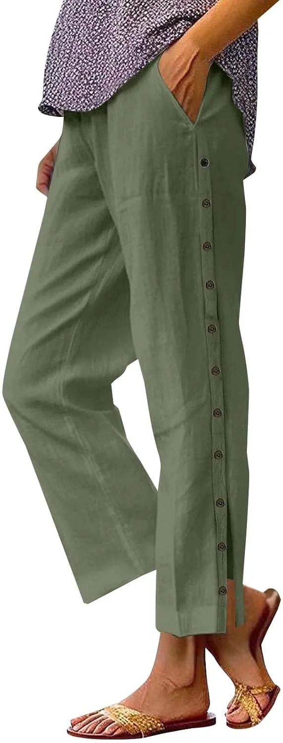 GIERIDUC Women Linen Pants Lightweight Capri Pants with Side Button Summer Casual Beach Drawstring Elastic Waist Trousers