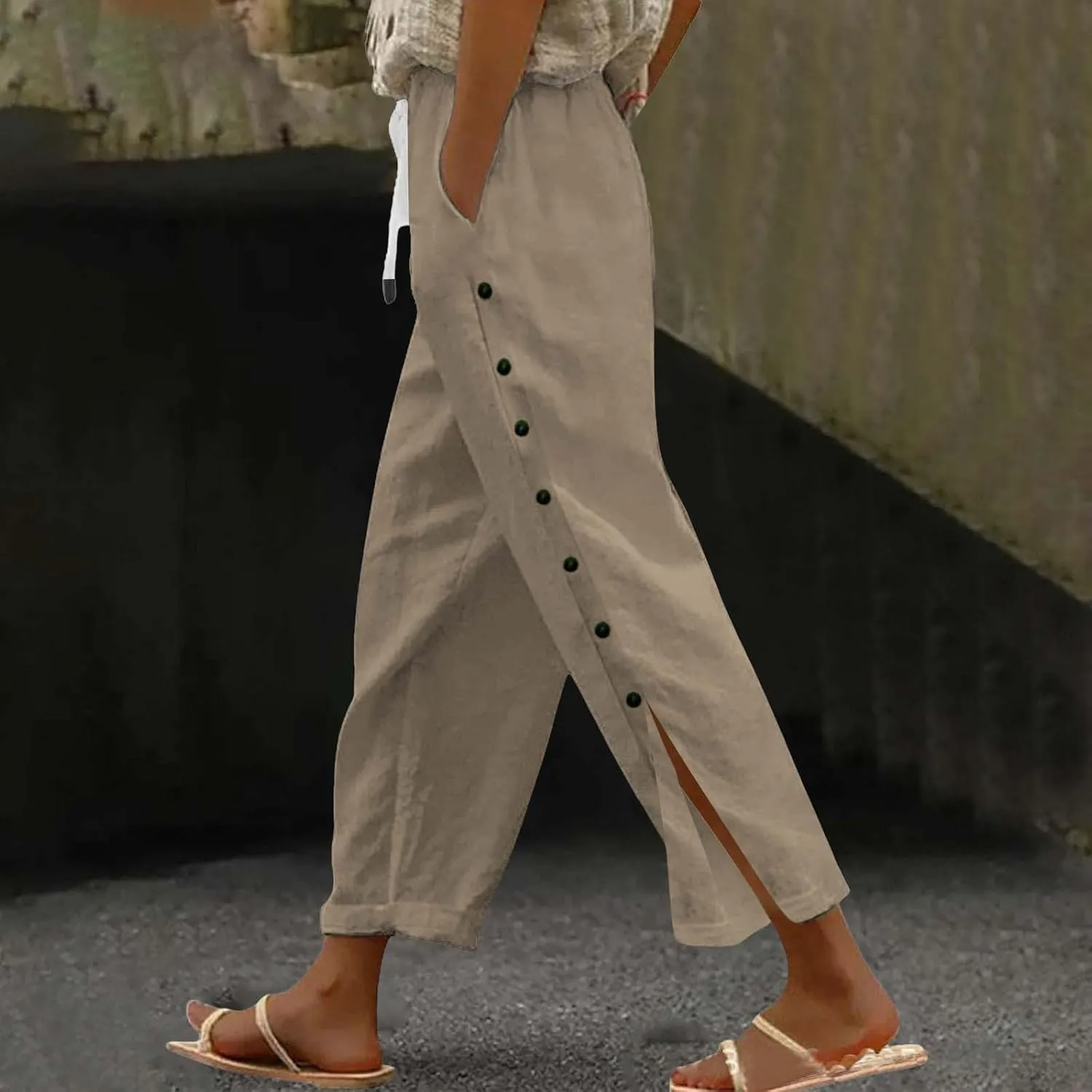 GIERIDUC Women Linen Pants Lightweight Capri Pants with Side Button Summer Casual Beach Drawstring Elastic Waist Trousers