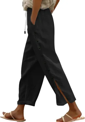 GIERIDUC Women Linen Pants Lightweight Capri Pants with Side Button Summer Casual Beach Drawstring Elastic Waist Trousers