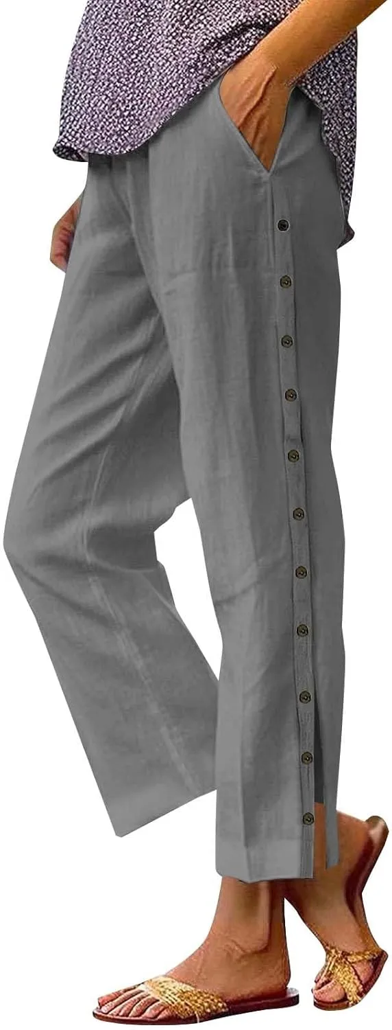 GIERIDUC Women Linen Pants Lightweight Capri Pants with Side Button Summer Casual Beach Drawstring Elastic Waist Trousers