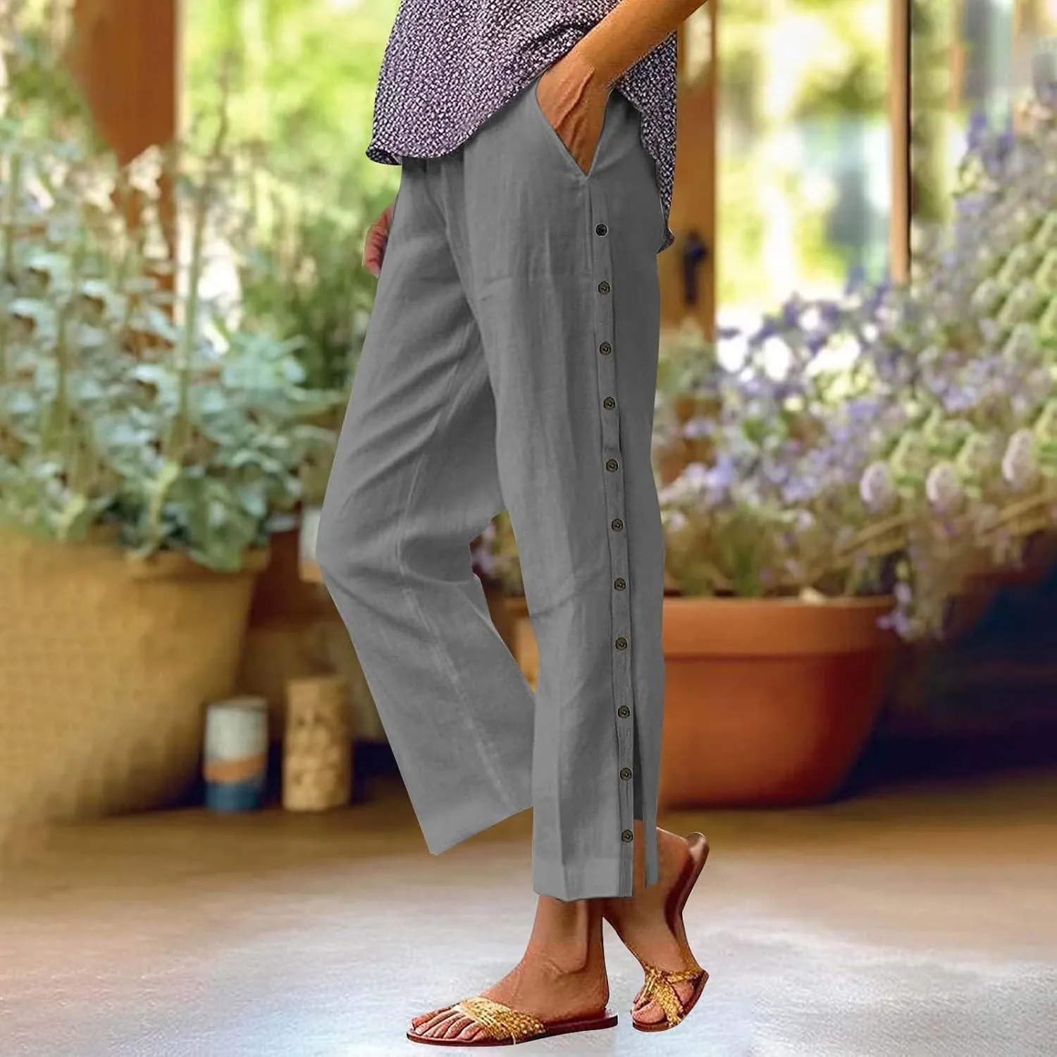 GIERIDUC Women Linen Pants Lightweight Capri Pants with Side Button Summer Casual Beach Drawstring Elastic Waist Trousers