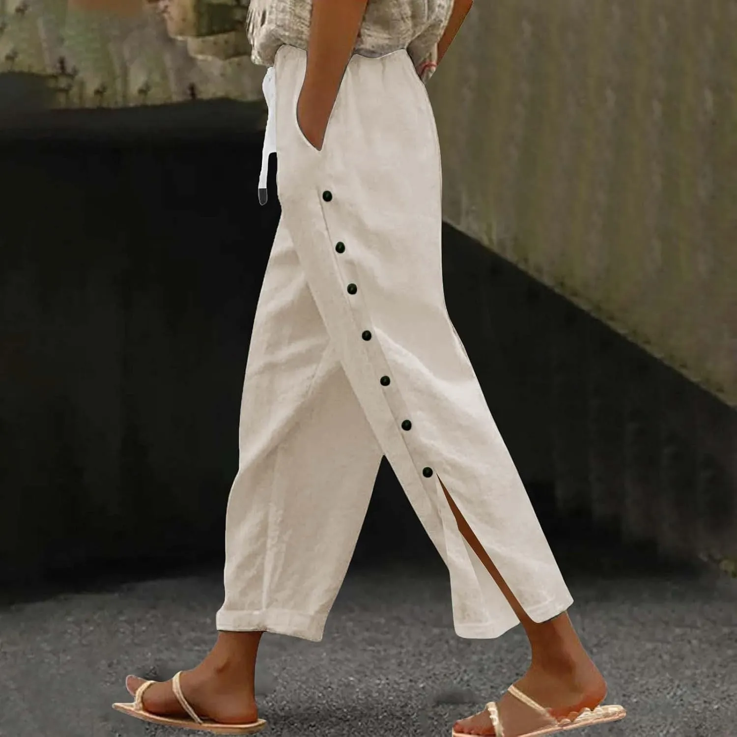 GIERIDUC Women Linen Pants Lightweight Capri Pants with Side Button Summer Casual Beach Drawstring Elastic Waist Trousers