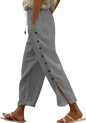 GIERIDUC Women Linen Pants Lightweight Capri Pants with Side Button Summer Casual Beach Drawstring Elastic Waist Trousers