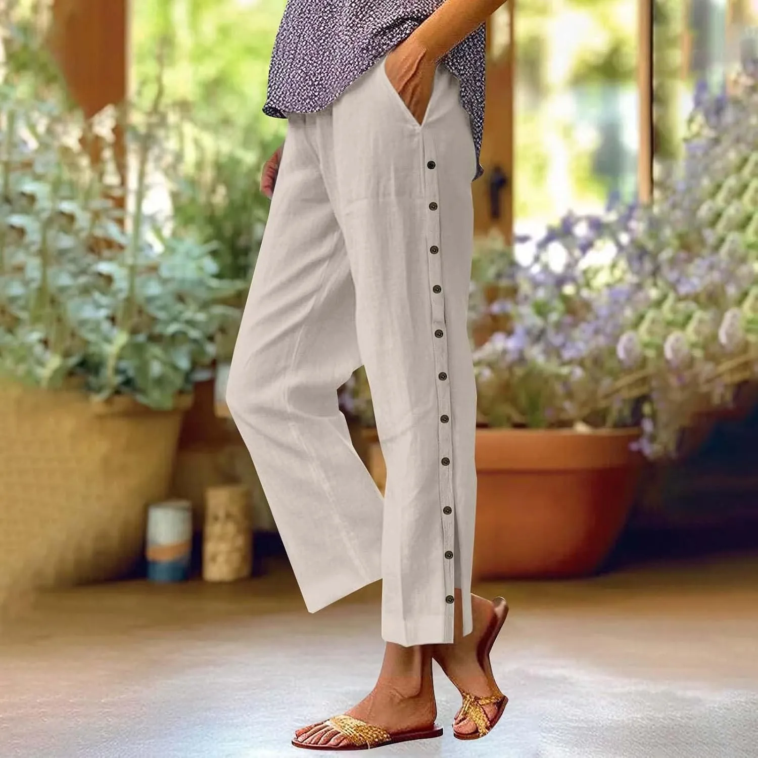 GIERIDUC Women Linen Pants Lightweight Capri Pants with Side Button Summer Casual Beach Drawstring Elastic Waist Trousers