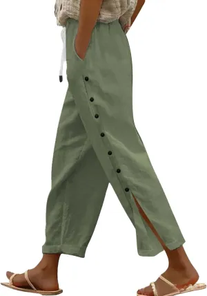 GIERIDUC Women Linen Pants Lightweight Capri Pants with Side Button Summer Casual Beach Drawstring Elastic Waist Trousers