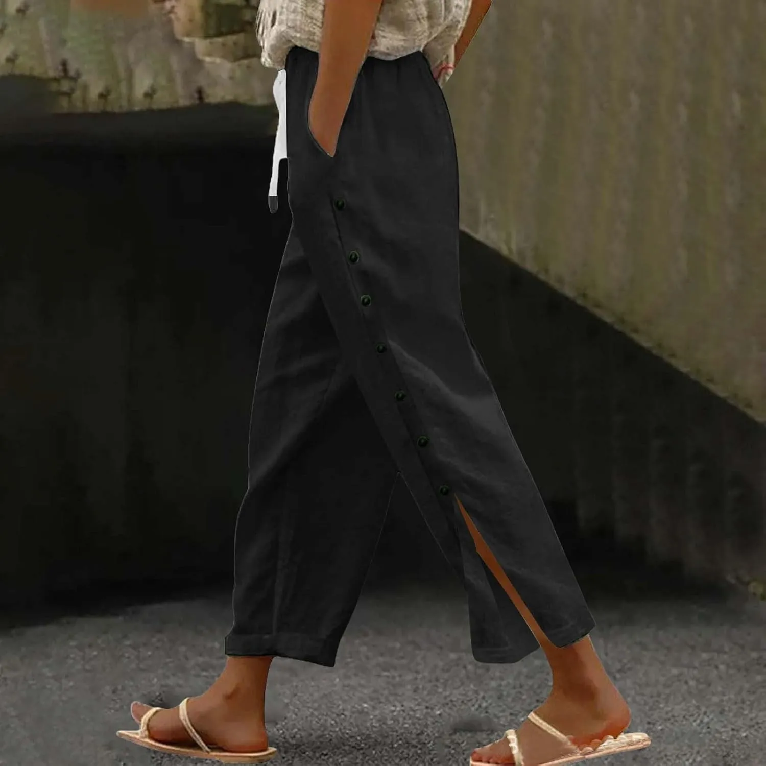 GIERIDUC Women Linen Pants Lightweight Capri Pants with Side Button Summer Casual Beach Drawstring Elastic Waist Trousers