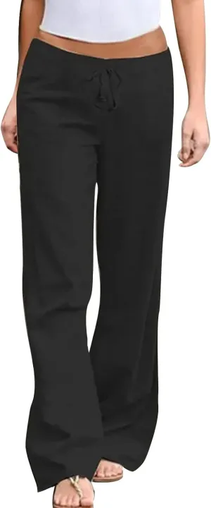 GIERIDUC Women Summer Wide Leg Linen Pants Drawstring Elastic High Waist Lounge Pants Y2K Trendy Casual Trousers with Pockets
