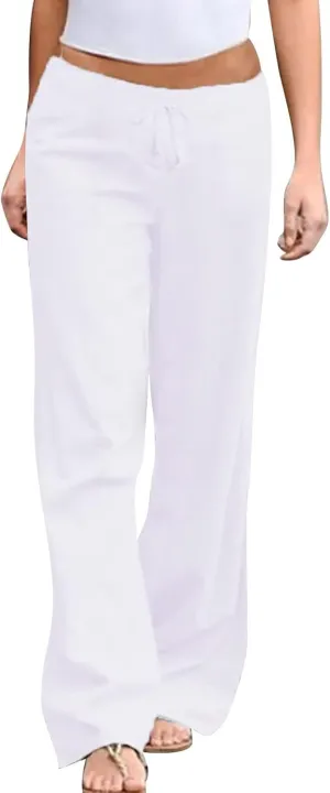 GIERIDUC Women Summer Wide Leg Linen Pants Drawstring Elastic High Waist Lounge Pants Y2K Trendy Casual Trousers with Pockets