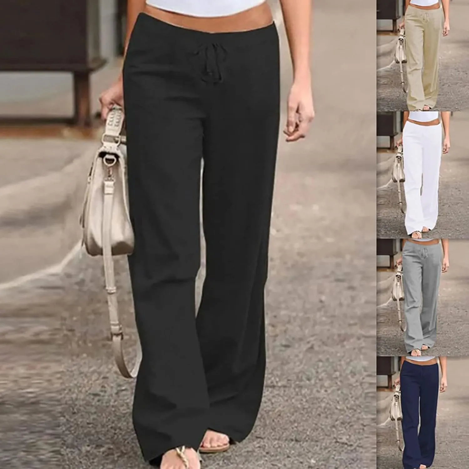 GIERIDUC Women Summer Wide Leg Linen Pants Drawstring Elastic High Waist Lounge Pants Y2K Trendy Casual Trousers with Pockets