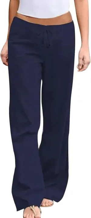 GIERIDUC Women Summer Wide Leg Linen Pants Drawstring Elastic High Waist Lounge Pants Y2K Trendy Casual Trousers with Pockets