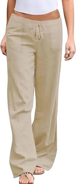 GIERIDUC Women Summer Wide Leg Linen Pants Drawstring Elastic High Waist Lounge Pants Y2K Trendy Casual Trousers with Pockets