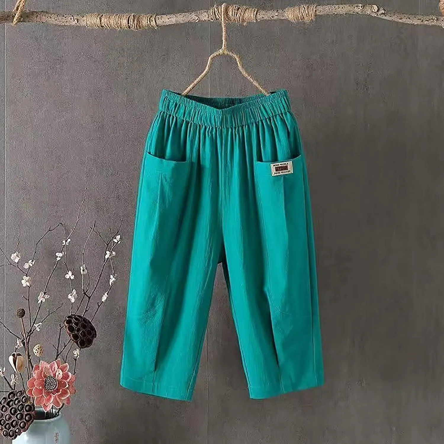 GIERIDUC Womens Baggy Wide Leg Pants Casual Linen Cropped Pant Elastic Waist Palazzo Harem Trousers with Pockets Comfy Capris