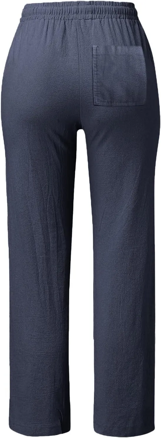 GIERIDUC Womens Casual Cotton Linen Pants Lightweight Summer Loose Elastic Waist Plus Size Solid Color Lounge Long Trousers