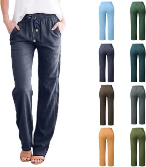GIERIDUC Womens Casual Cotton Linen Pants Lightweight Summer Loose Elastic Waist Plus Size Solid Color Lounge Long Trousers