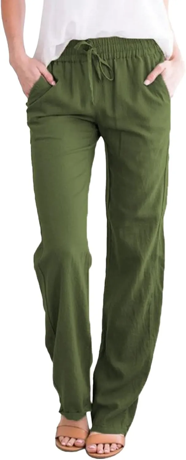 GIERIDUC Womens Casual Cotton Linen Pants Lightweight Summer Loose Elastic Waist Plus Size Solid Color Lounge Long Trousers