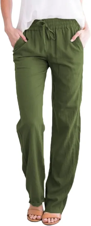 GIERIDUC Womens Casual Cotton Linen Pants Lightweight Summer Loose Elastic Waist Plus Size Solid Color Lounge Long Trousers