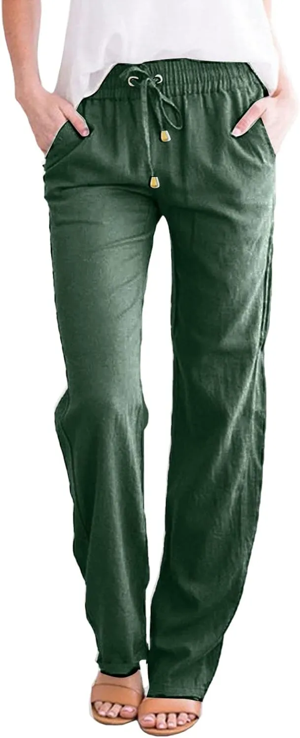 GIERIDUC Womens Casual Cotton Linen Pants Lightweight Summer Loose Elastic Waist Plus Size Solid Color Lounge Long Trousers