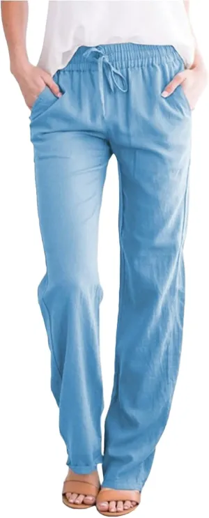 GIERIDUC Womens Casual Cotton Linen Pants Lightweight Summer Loose Elastic Waist Plus Size Solid Color Lounge Long Trousers