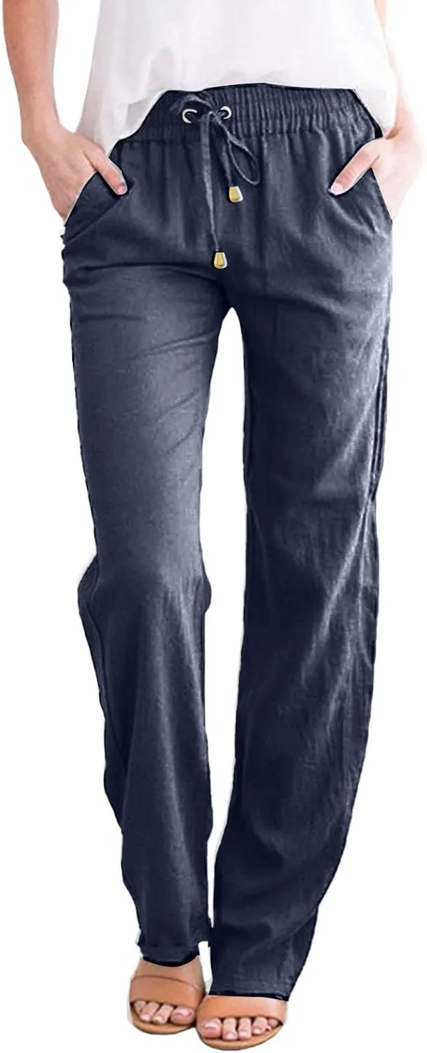 GIERIDUC Womens Casual Cotton Linen Pants Lightweight Summer Loose Elastic Waist Plus Size Solid Color Lounge Long Trousers
