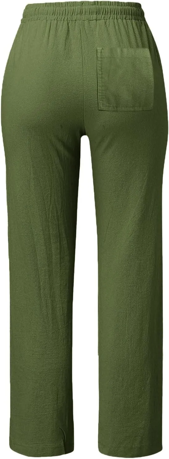 GIERIDUC Womens Casual Cotton Linen Pants Lightweight Summer Loose Elastic Waist Plus Size Solid Color Lounge Long Trousers
