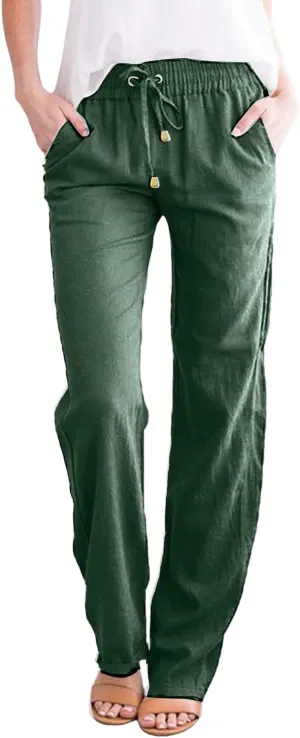 GIERIDUC Womens Casual Cotton Linen Pants Lightweight Summer Loose Elastic Waist Plus Size Solid Color Lounge Long Trousers