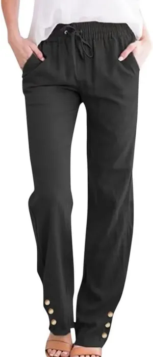 GIERIDUC Womens Casual Linen High Waist Pants Wide Straight Leg Drawstring Loose Summer Palazzo Lounge Trousers with Pockets