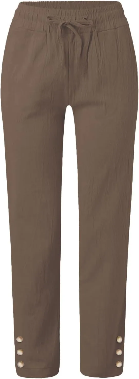 GIERIDUC Womens Casual Linen High Waist Pants Wide Straight Leg Drawstring Loose Summer Palazzo Lounge Trousers with Pockets