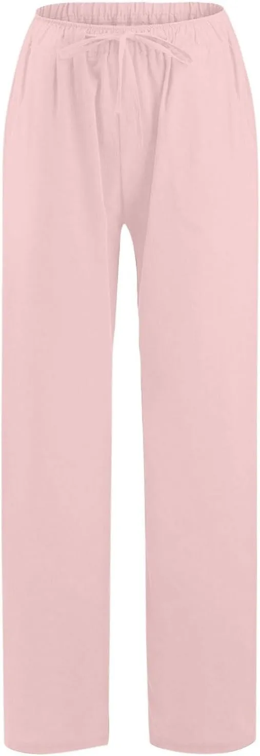 GIERIDUC Women's Summer Cotton Linen Wide Leg Pants Drawstring High Waist Loose Casual Palazzo Flowy Beach Trousers