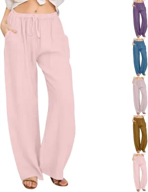 GIERIDUC Women's Summer Cotton Linen Wide Leg Pants Drawstring High Waist Loose Casual Palazzo Flowy Beach Trousers