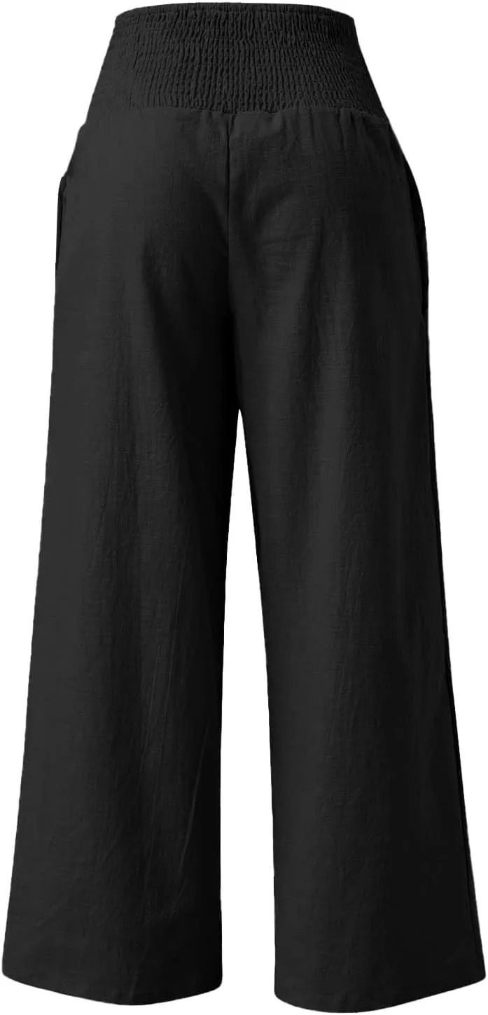 GIERIDUC Women's Wide Leg Palazzo Pants High Elastic Waist Casual Work Pants Summer Beach Flowy Dress Trousers with Pockets