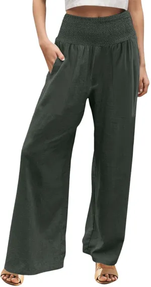 GIERIDUC Women's Wide Leg Palazzo Pants High Elastic Waist Casual Work Pants Summer Beach Flowy Dress Trousers with Pockets