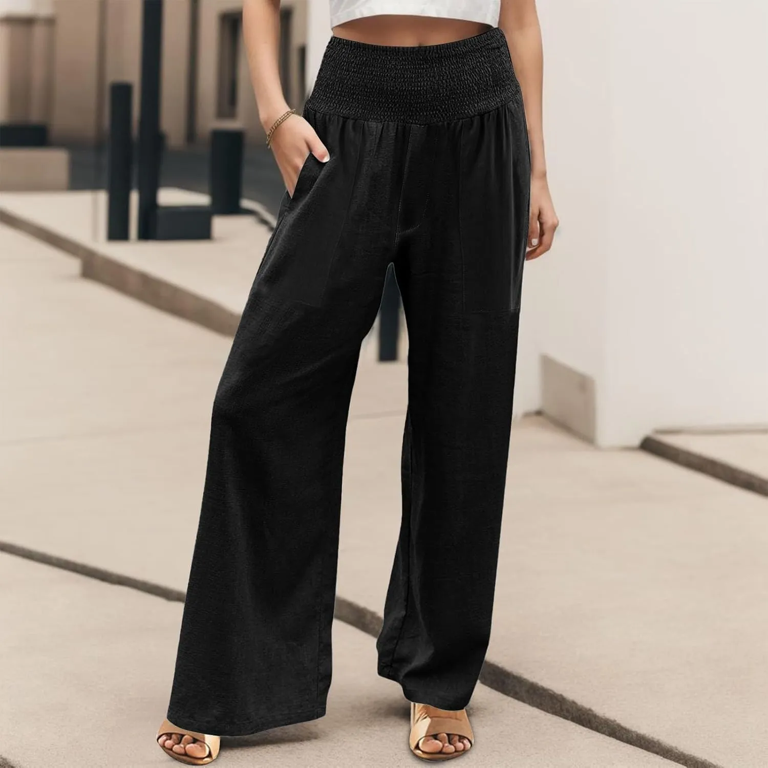 GIERIDUC Women's Wide Leg Palazzo Pants High Elastic Waist Casual Work Pants Summer Beach Flowy Dress Trousers with Pockets